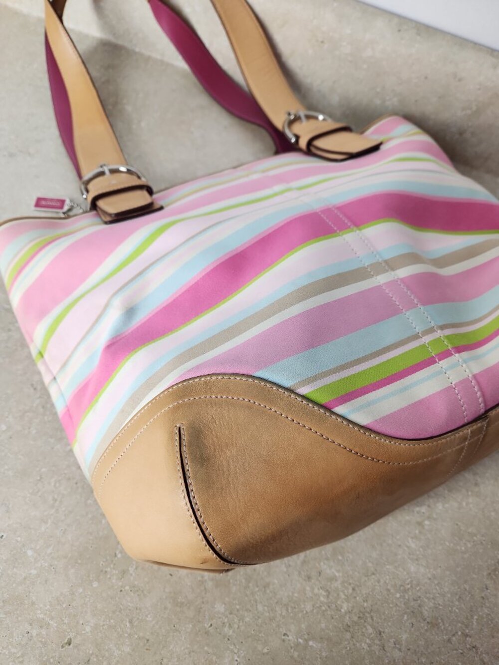 vintage Coach Hampton Stripe Canvas Tote Bag Vachetta leather trim M05S-5175 - Picture 10 of 16